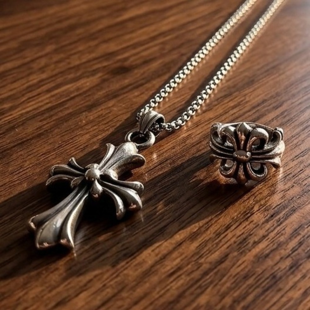 Gothic Cross Pendant Necklace and Matching Ring Set Silver Tone Streetwear